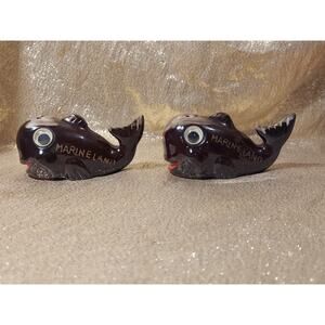 Vtg EFCCO Japan MARINELAND Whale Salt & Pepper Shakers Redware Brown Drip Glaze